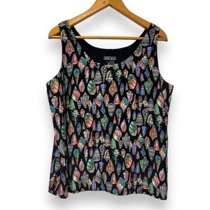 Vintage Ann May Black Silk Seashell Print Tank Top Women’s Size Large Tropical